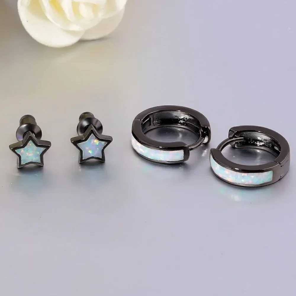 14K Black Gold with Genuine White Fire Opal Huggie Star Stud Earrings Set of 2